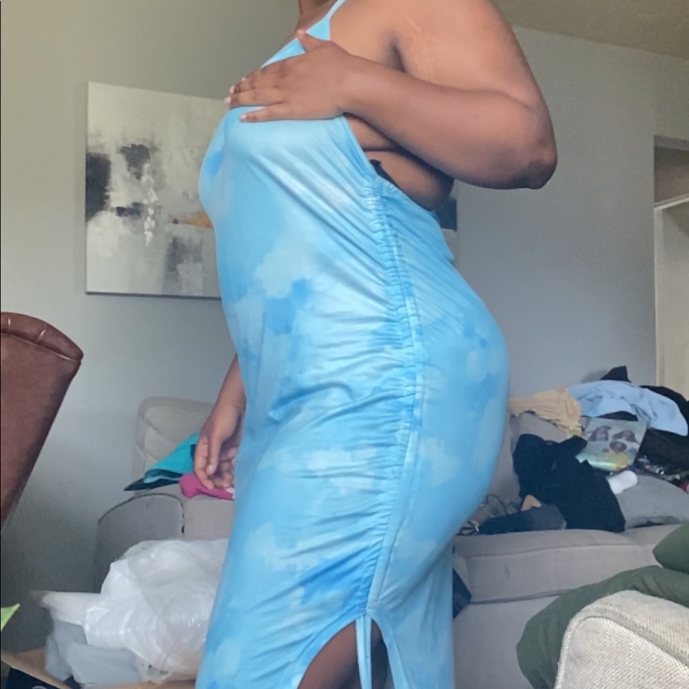 Plus Tie Dye Drawstring Split Thigh Halter Dress blue size 16